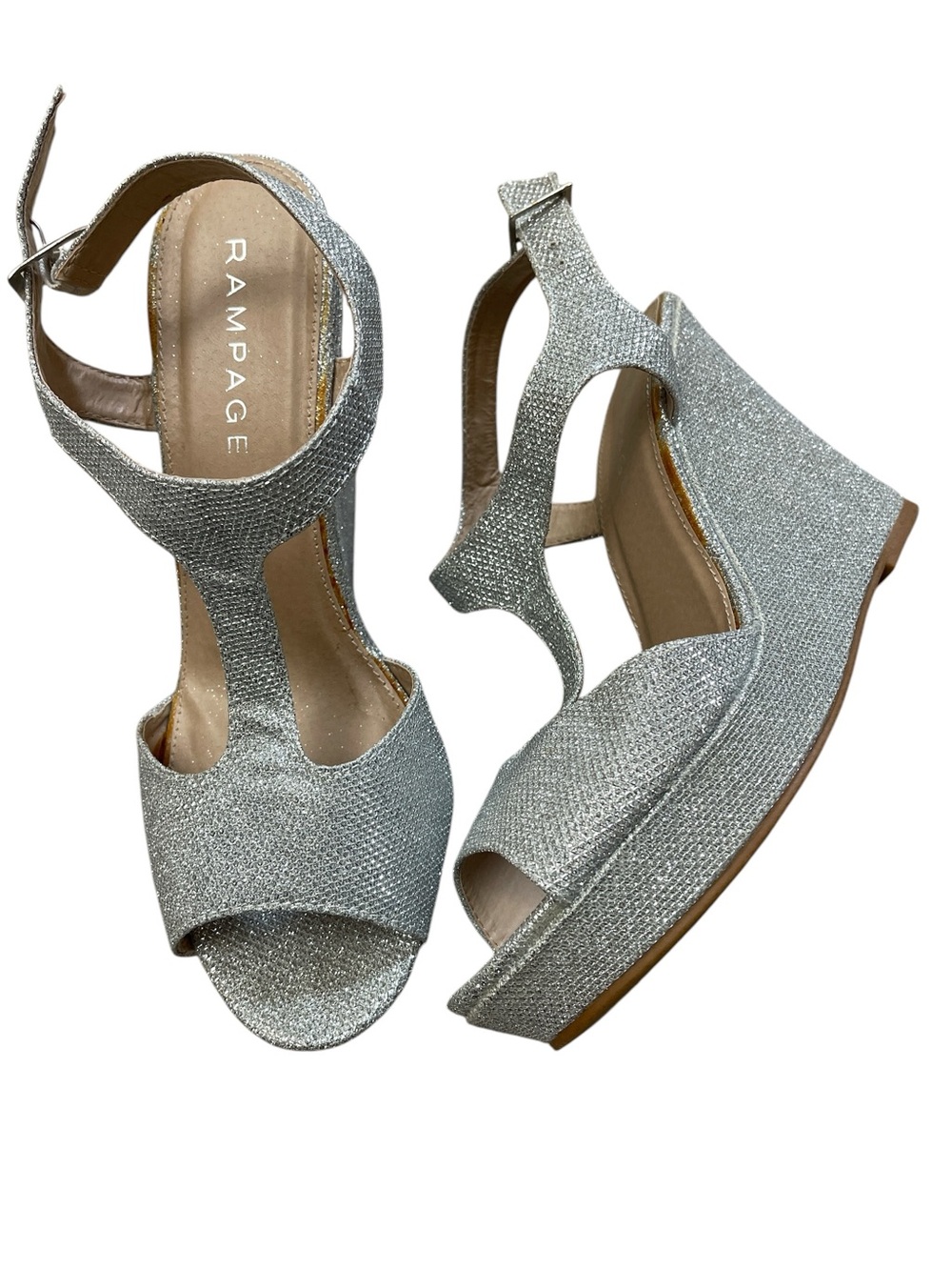 Rampage Silver Glitter Mesh T-Strap Platform Wedge Sandals Party
